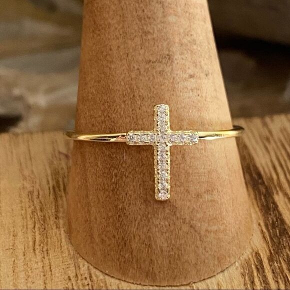Cross Yellow Gold Sterling Silver Ring - Picture 5 of 7